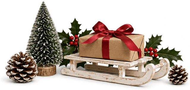 Composição de Natal: trenó com presentes, pinheiro e azevinho